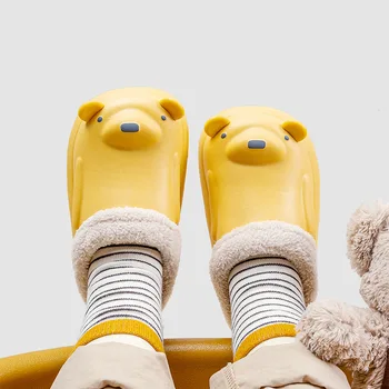 Зимни детски водоустойчив чехли с хубав анимационни мечка за момчета и момичета, топли вътрешна чехли, домашни обувки