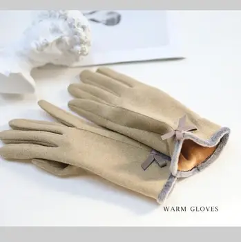 Зимни ръкавици за шофиране с нежен лък, женски дебели плюшени топли ветроупорен вълнени ръкавици за езда с удвоени с пръсти, сензорният екран