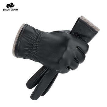 Зимни ръкавици от естествена агнешка кожа BISON DENIM, мъжки ръкавици с дебела сензорен екран, ветроупорен непромокаеми кожени ръкавици S056