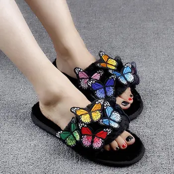 известни дизайнерски кожени сандали с бродерия в формата на пеперуда, дамски чехли от ярки цветове, кожени чехли с памучна подплата, дамски зимни пързалки c164