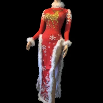 Известният червен чонсам в китайски стил с дълги ръкави, планински кристал, златен елен, дамски панталони, костюми за изказвания, дамски дрехи, за партита