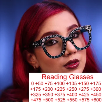 Квадратни Очила за четене с кристали и звездите, дамски Луксозни маркови Черни Прозрачни Очила за старческо, Сини леки очила
