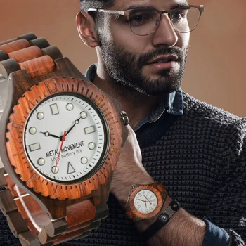 Кварцови часовници за мъже, модни ежедневни светещи ръчни часовници, дървени каишка за часовник, обтегач за часовника от неръждаема стомана, луксозни часовници
