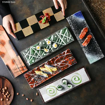 Керамична чиния пържола, креативна съдове, ръчно рисувани, японска кухня, чиния за суши, правоъгълна плодови чиния за Сашими, посуда