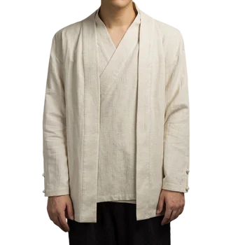 Китайска есен мъжки етническа дрехи, памучно семе и ленено палто, лен топ Jushi Hanfu, обикновен мъжки костюм в стил Тан в ретро стил