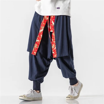 Китайски Модни панталони мъжки Широки памучни ленени обикновена Harlan Градинска дрехи с завязками на краката си Свободни ежедневни панталони Hanfu мъжки 2022