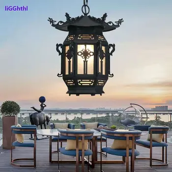 Китайски Фенер Висящи лампи LED Водоустойчива IP65 Черни ретро полилеи Осветление домашен Интериор на хотела коридор Външен окачен лампа