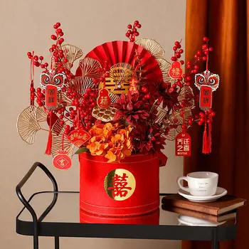 Китайски Червен Плод Fortune, Червена Коприна Тъкани, ваза-футонг, Набор от фалшиви цветя, Коледни аксесоари, Декорация на мебели за хол