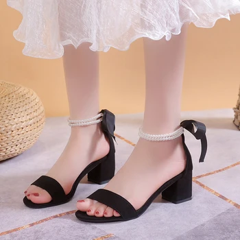 Класически дамски сандали размер плюс 43, модни дамски обувки на висок ток с малка риба пръсти и кратка квадратна ток с каишка на щиколотке Mujer