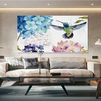 Колибри, която се събира нектар, Красиви Цветя, рисунки върху платно, стенни художествена картина за хола и аксесоари за дома, Бескаркасная