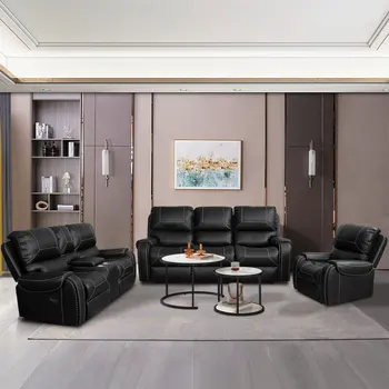 Комплект диван с флип от облегалка от черна изкуствена кожа 1+2+3 за всекидневната, лесно се монтира за вътрешната мебели за всекидневната
