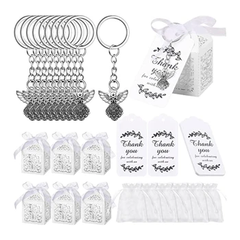 Комплект ключодържатели с дизайн на Ангел, Подарък пакети от бяла органза, крафт-етикети 