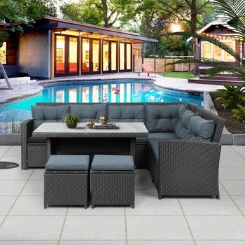 Комплект мебели за двор от 6 теми, Уличен Секционни диван със Стъклена масичка, Пуфики за басейн, двор, косене на трева (черен)
