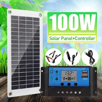 Комплект соларен панел с мощност 100 Вата, контролер зарядно устройство за слънчева батерия с капацитет 12 В двойна USB-слънчевата плоча, 30A, контролер за слънчеви панели за лодки-каравана