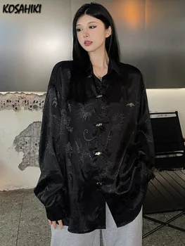 Корейската Мода Черен Дракон Модел Печат Дамски Мъжки Блуза Жаккардовая Свободна Harajuku Ежедневна блуза с дълъг ръкав Y2k Козметична риза
