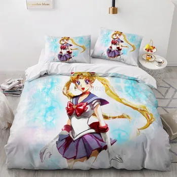 Красив кавайный пухени Sailor Moon, калъфка за възглавница, комплект спално бельо, единична, двойна, пълния размер на Queen King за момичета, интериор на спалня