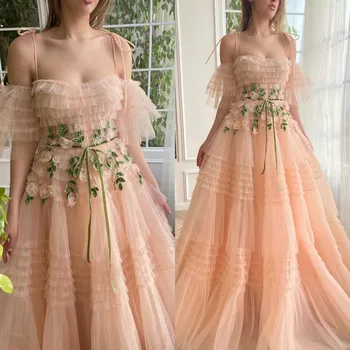 Красива розова рокля с волани и цветя модел за бала, секси вечерни рокли на спагети презрамки за момичета, сватбени дамски официални рокли