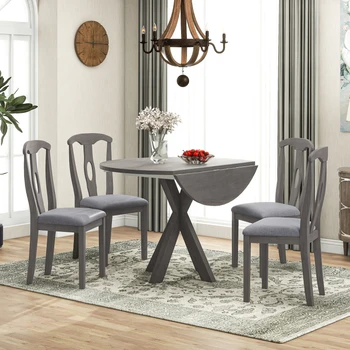 Кръгла маса в селски стил от 5 теми, кухненски мебели, с окачени створкой и 4 меки обеденными столове, сив