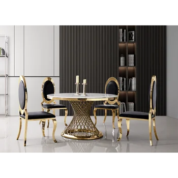 Кръгла маса от мрамор и луксозен дизайн със златен огледално покритие и основа от неръждаема стомана