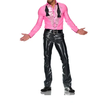 Латексова униформи от естествен каучук, розови блузи, ризи, Черни Панталони, латексный гащеризон с волани, мъжки красиви латекс боди на поръчка
