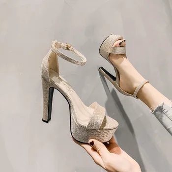 Летни дамски сандали, модерни дамски обувки на тънък ток с отворени пръсти и платформа с височина 12,5 см, елегантни вечерни сватбени обувки, дамски сандали