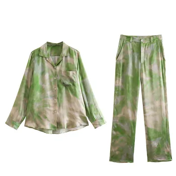 Летни дамски сатенени пижамные комплекти с флорални принтом, 2 броя, свободна риза с V-образно деколте и дълъг ръкав, Дамски панталон с еластична талия, Костюми за сън