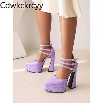 летни нови модни дамски сандали на висок ток с остър пръсти и изкривени, чубрица вечерни водоустойчиви дамски сандали на квадратен ток, височина 15 см