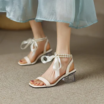 летни нови стилни модни сладък дамски сандали в масивна ток с перлата на дантела и с отворени пръсти, дамски обувки за партита на височина 4 см, големи размери 33-42