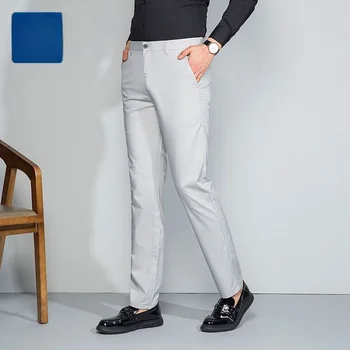 Летни Тънки стрейчевые мъжки панталони Дълги прави Висококачествени дишащи костюмные панталони Обикновен бизнес офис официални панталони C40