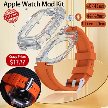 Луксозен комплект за заем, гумена лента за Apple Watch 8 7 45 мм 41 мм, прозрачен калъф за Iwatch серия 6 Se 5 40 мм 44 мм