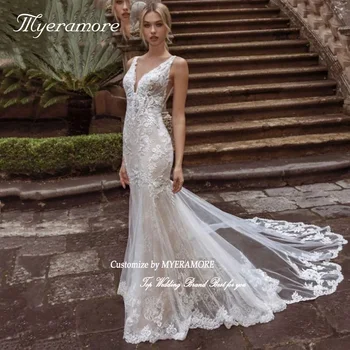 Луксозна сватбена рокля на Русалка с дълбоко V-образно деколте, секси тюлевые дантелени апликации на булката рокля с отворен гръб и влак Vestido De Casamento 2023