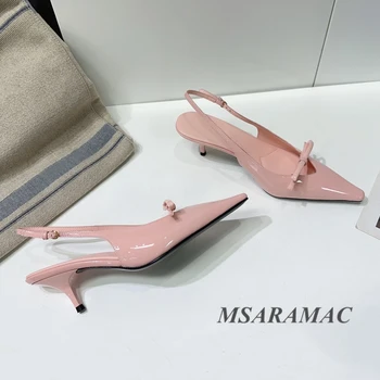 Лъскави Розови Кожени Модела обувки на Поломанном Ток с пеперуда и възел във формата На Коте; Летни Дамски Сандали На висок Ток от естествена Кожа С Остри пръсти
