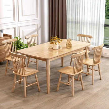 Маси от масивно дърво в скандинавски стил, Комбинация от масата за хранене и столове в малък апартамент, Луксозен японски правоъгълна маса за хранене