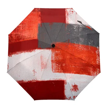 Маслена живопис, абстрактна геометрична червен Автоматичен Сгъваем чадър с осем кости, защита от вятър и дъжд, градинска стрелба