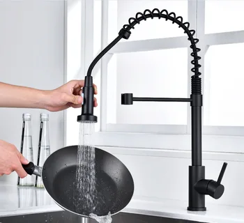 Месинг и Плъзгаща батерия за кухненска мивка от Полиран никел или черен цвят с Източник на топла и студена Вода, Кухненски Миксер с 2 режима на пръскане