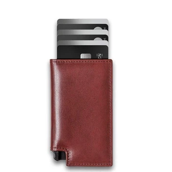 Метален алуминиев държач за кредитни ID-карти от естествена телешка кожа, мултифункционален портфейл за кредитни карти, бизнес поп държач за карти за мъже и жени