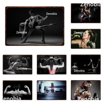 Метален плакат с надпис Zenobia Gym, Табела с надпис Боксова Weightlifting, Метален стенен декор за тренировка в мъжки пещера, Купа декоративни чинии