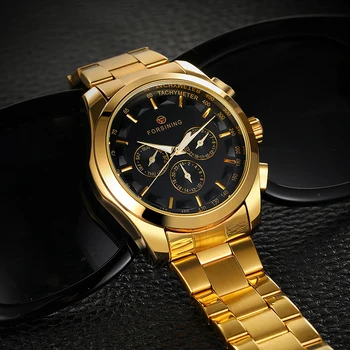 Механичен мъжки часовник FORSINING, най-добрата марка за луксозни злато каишка от неръждаема стомана, автоматична дни от дата, 24-часови мъжки часовник, подарък кутия