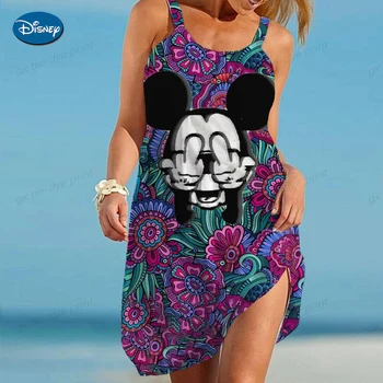 Мини-плажна рокля с принтом Minnie и Мики Маус, женски лятото секси рокля в стил бохо с цветен модел, вечерни рокли без ръкави