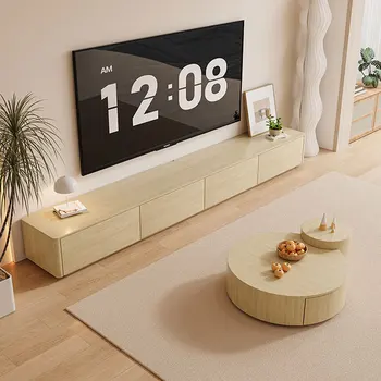 Модерен минималистичен масичка за кафе комбинация от шкафове за телевизор Италиански минималистичен сметана стил на хола е дървена масичка за кафе, шкаф за телевизор