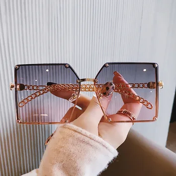 Модерни дамски слънчеви очила без рамки голям размер с квадратна метална верига, дизайнерски слънчеви очила за жени, луксозно огледало за летни пътувания