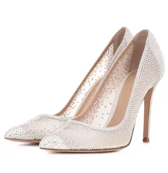Модни дамски обувки на висок ток, с мрежесто интериор и кристали, бели сватбени обувки, големи размери 42, обувки-лодка на висок ток с остър пръсти и ниско деколте 12 см