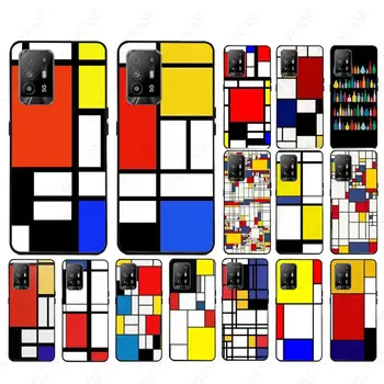 мондриан mondrian цветен квадратен естетичен, художествен калъф за телефон OPPO A12 A15 A15S A74 A94 4G A3S A5S A9 A52 A53S A72 A73 A91 седалките