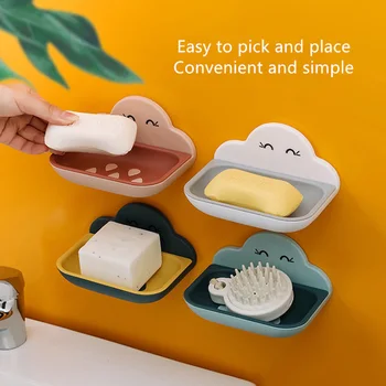 Мультяшная кутия за сапун във формата на облак, сливи, гъби за миене на съдове, чиния за съхранение в банята, държач, безплатен перфоратор