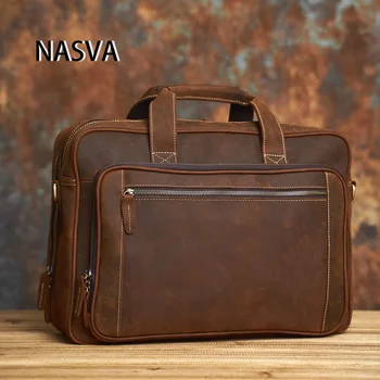 Мъжка чанта NASVA от естествена кожа, ретро чанта през рамо, по-Голямата Голям чанта на рамото, Чанта за лаптоп 15,6 Инча, Можете да Поставите Багажа