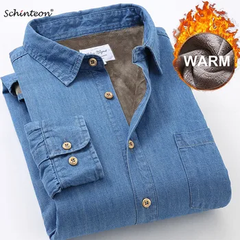 Мъжки дънки с риза от 100% памук Schinteon, зимни ежедневни однотонная топла риза с един преден джоб