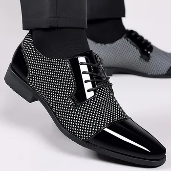 Мъжки ежедневни обувки, модел обувки, мъжки Oxfords, 2023, лачени, кожени обувки с дантела, вечерни черни кожени обувки за сватбени партита
