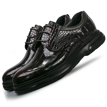 Мъжки кожени обувки в стил дерби, бизнес обувки от естествена кожа, британска мода, ежедневни сватбена кожени обувки с крокодиловым модел