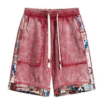 Мъжки Модни реколта ретро дънкови къси панталони на цветчета, мозайка шиене, Hi Street, къси дънкови панталони в стил хип-хоп, еластичен колан