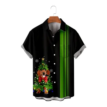 Мъжки плажни блузи с къс ръкав, мъжки Коледни черни ризи с принтом копчета, ежедневни облекла копчета
